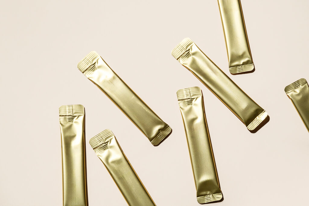 gold foil stick pack powder sachet